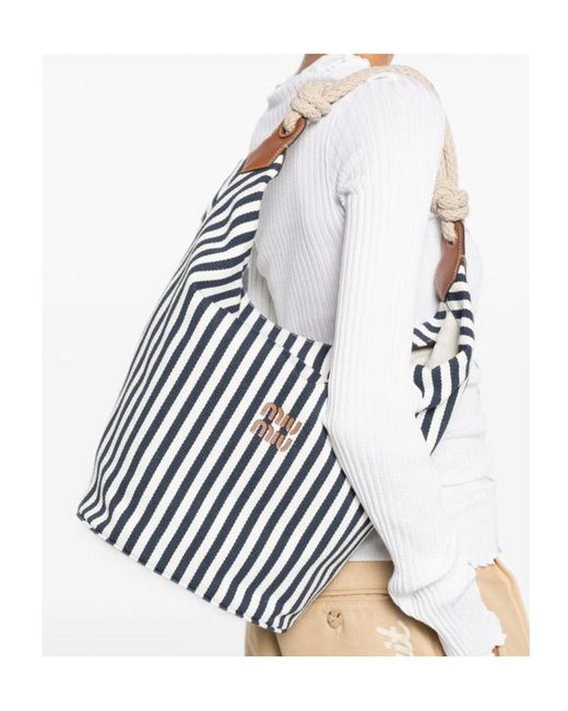 Miu Miu White Striped Rope-Handle Bucket Bag