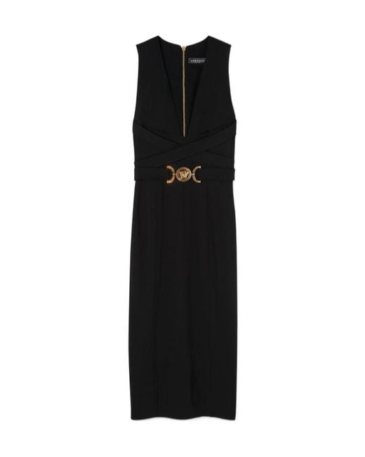 Versace V-Neck Sleeveless Midi Dress in Black | Lyst
