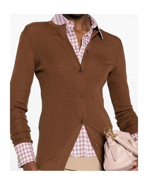 Prada Brown Ribbed Knit Wool Cardigan