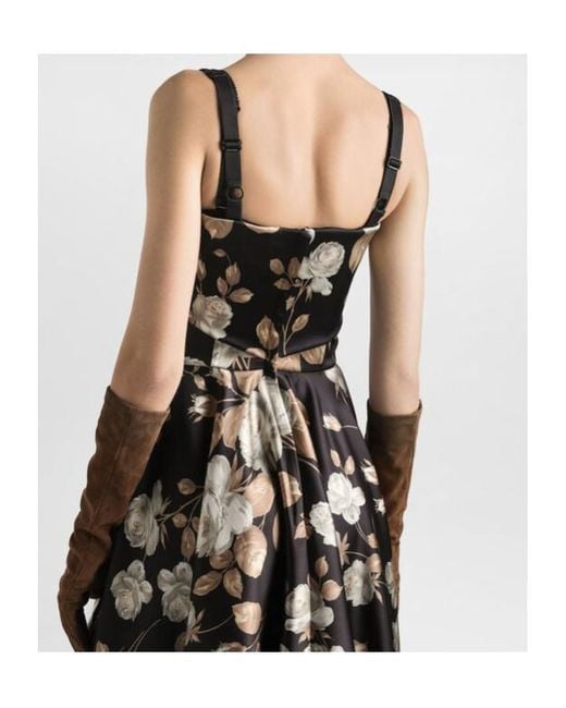 Dolce & Gabbana Black Rose-Print Satin Midi Dress