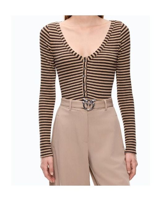 Pinko Brown Striped Ribbed-Knit T-Shirt