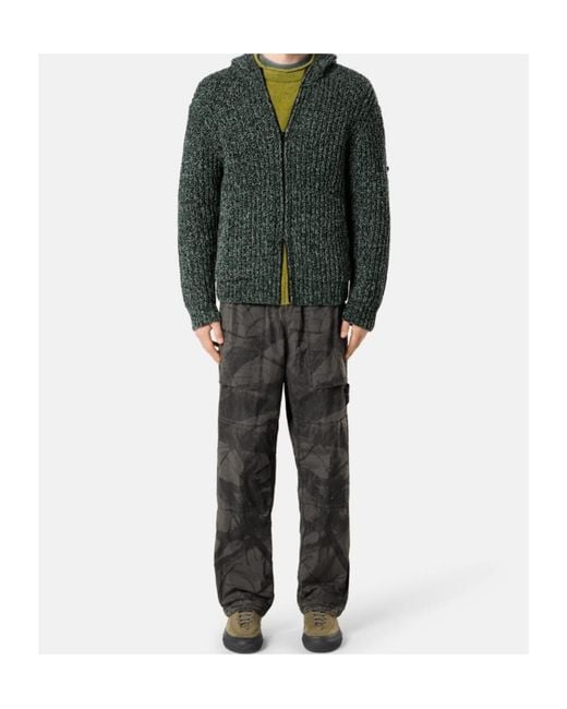 Stone Island Green Loose-Fitting Hooded Zip-Up Knit Sweater With Pockets for men