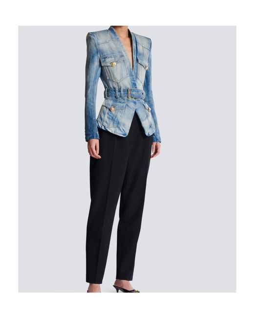 Balmain Blue 1-Button Belted Denim Jacket