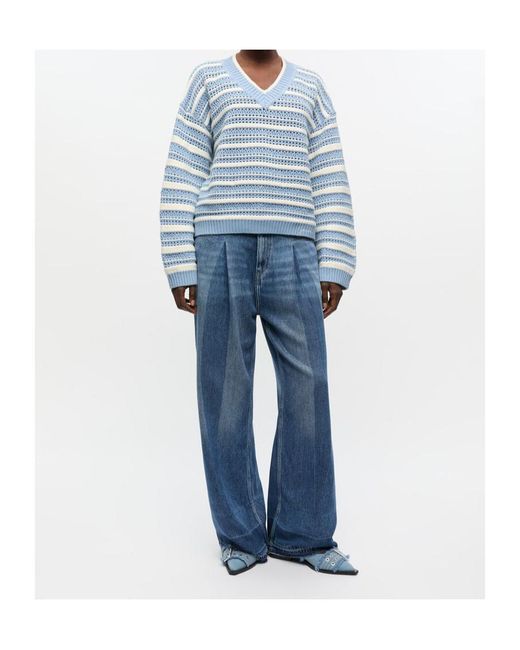 Ganni Blue Striped Cotton V-Neck Jumper