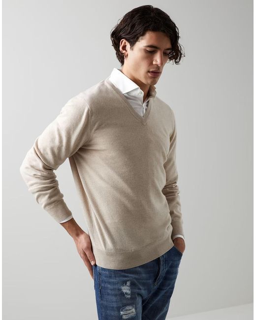Brunello Cucinelli White Long-Sleeved V-Neck Cashmere Sweater for men