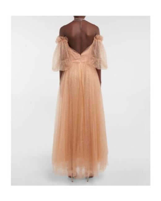 Monique Lhuillier Natural Embellished Tulle Off-Shoulder Gown