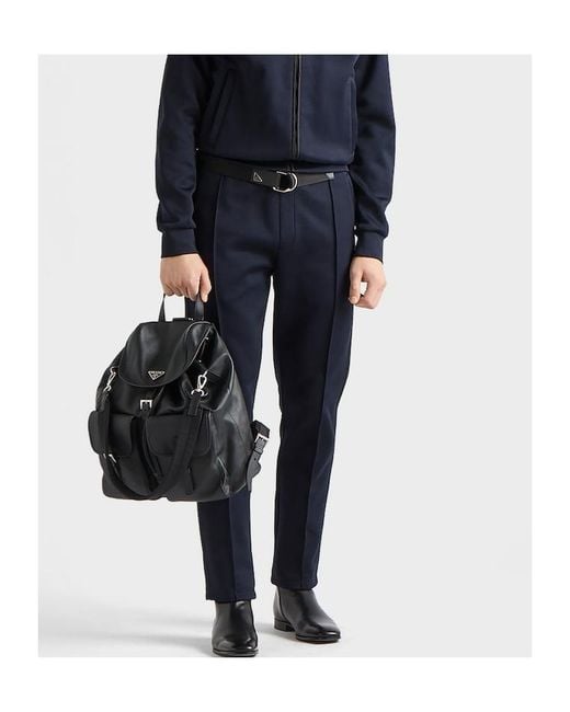 Prada Blue Cotton Fleece Pants With Re-Nylon Details for men