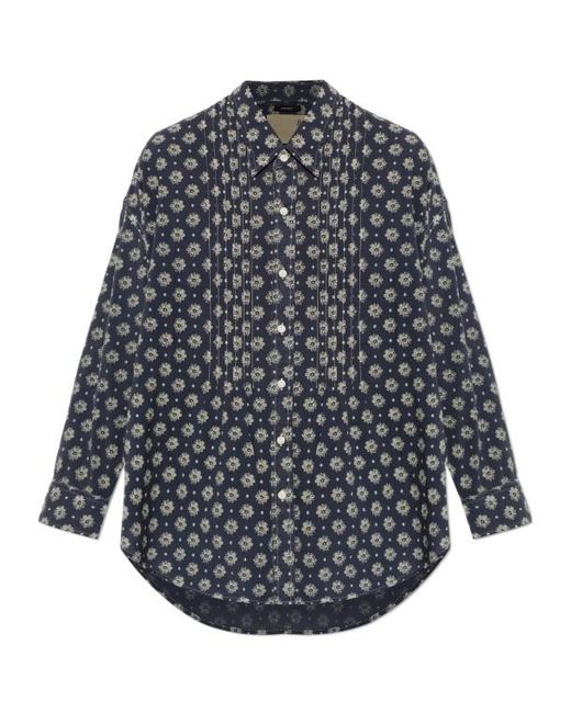 R13 Gray Pintuck-Details Drop-Neck Floral-Print Cotton Shirt