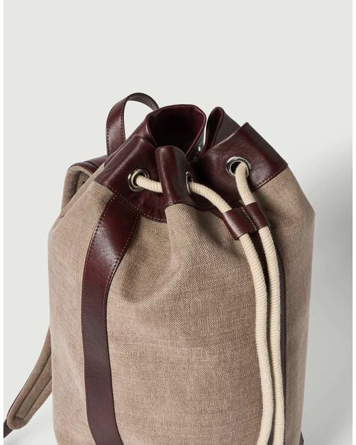 Brunello Cucinelli Brown Water-Resistant Canvas And Burnished Calfskin Drawstring Backpack for men
