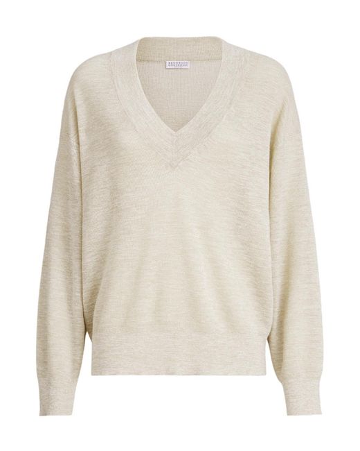 Brunello Cucinelli White V-Neck Knitted Sweater