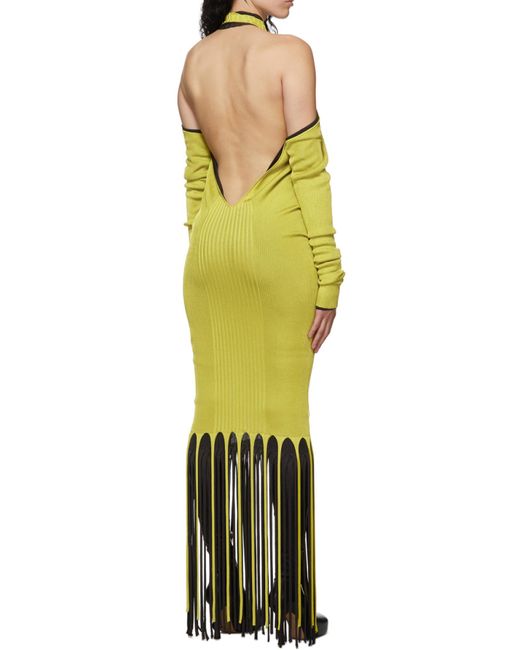 Bottega Veneta Yellow Halterneck Ribbed Fringed Dress