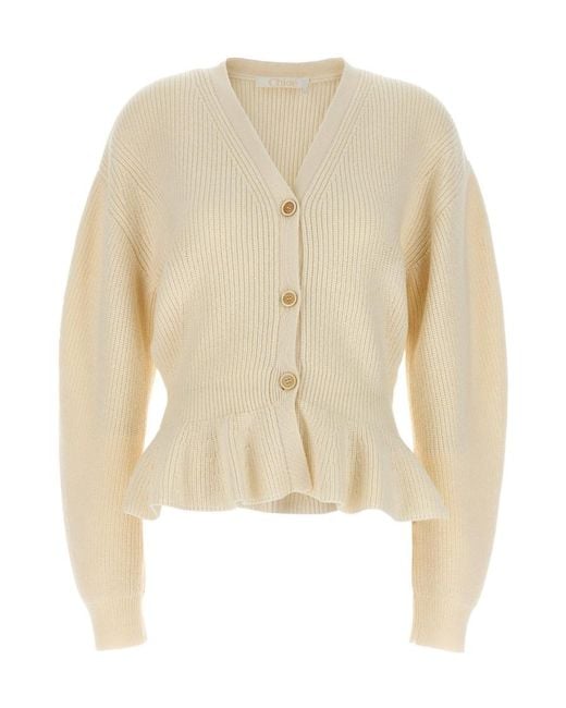 Chloé Natural Chloé Ruffled Knit Cardigan
