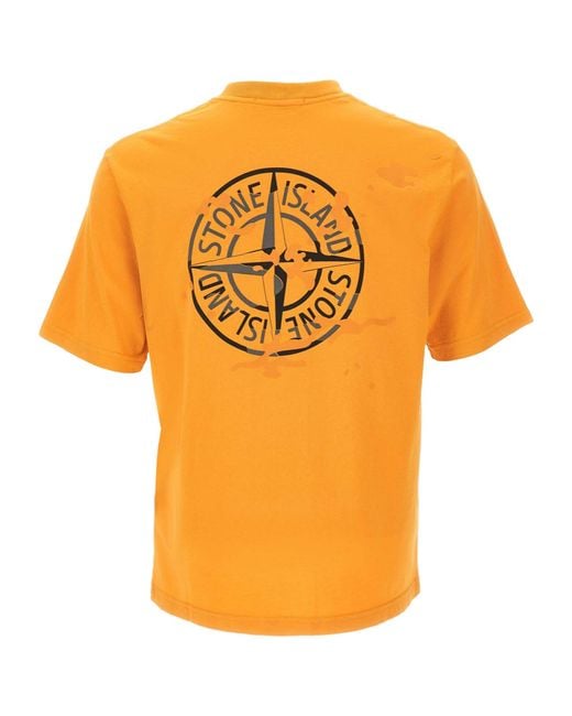 Stone Island Orange Camo Compass Printed Crewneck T-Shirt for men