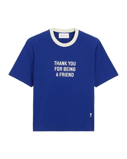 AMI Blue Printed Cotton Thank You For Being A Friend T-Shirt for men