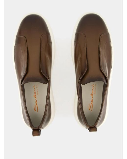 Santoni Brown Round Toe Slip-On Sneakers for men