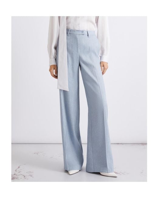 Marella Blue Herringbone Linen And Viscose Palazzo Trousers