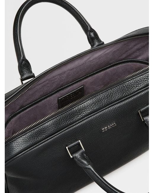 Zegna Black Edgy Logo-Lettering Leather Briefcase for men