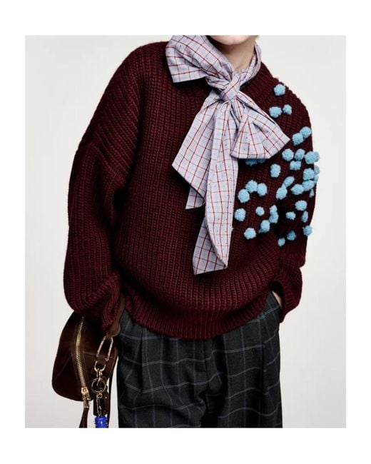 Essentiel Antwerp Red Pompom-Embellished Chunky-Knit Sweater