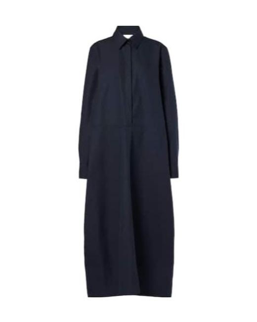 Jil Sander Blue Gathered Cotton Poplin Shirt Dress