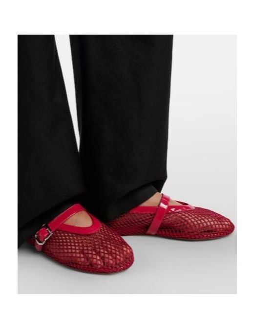 Alaïa Red Leather-Trimmed Fishnet Mary Jane Flats