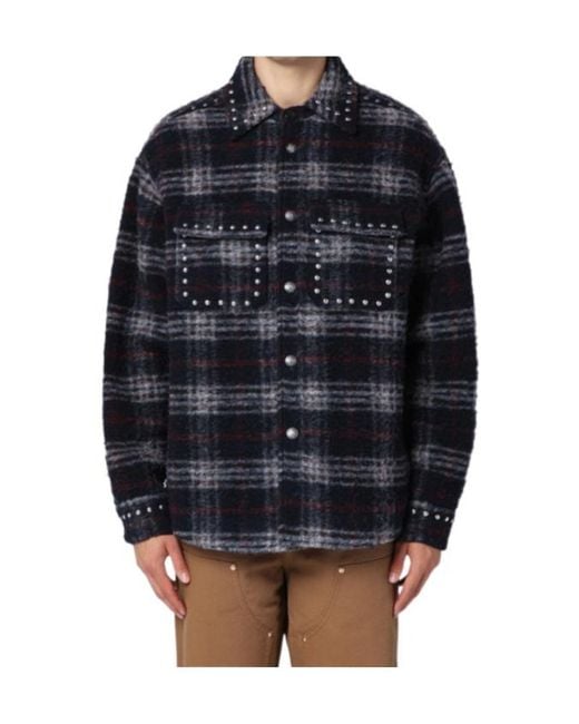 Palm Angels Blue Studded Checked Shirt for men