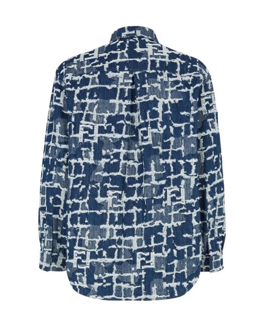 Fendi Blue Logo Detailed Distressed Denim Jacket for men