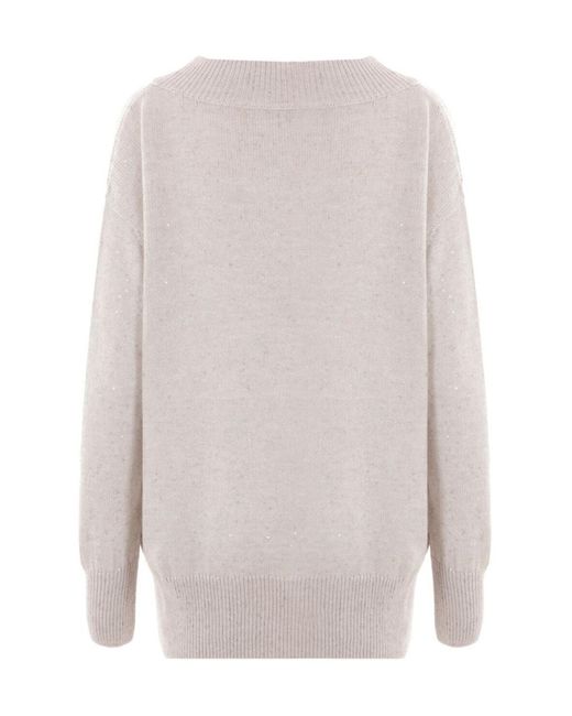 Brunello Cucinelli White V-Neck Long-Sleeved Sweater