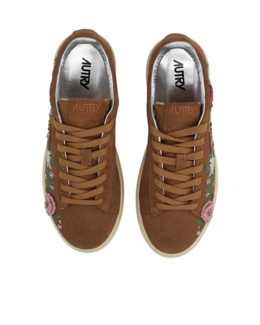 Autry Brown Floral-Embroidered Dallas Lace-Up Sneakers