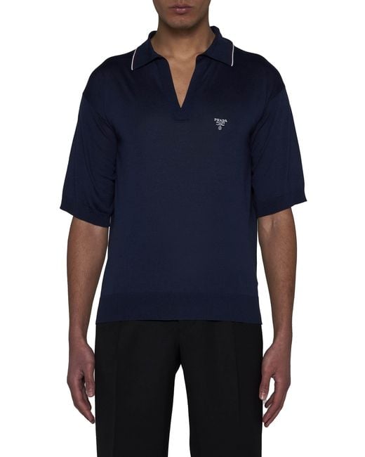 Prada Blue Logo Embroidered Short-Sleeved Knitted Polo Shirt for men
