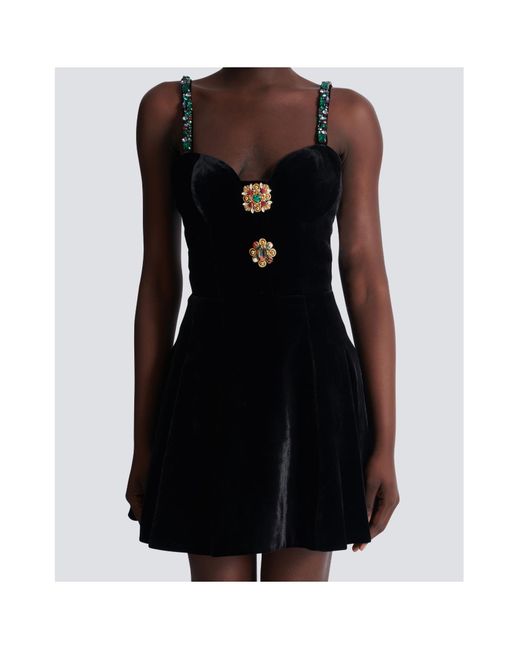 Balmain Black Embellished Strappy Velvet Dress