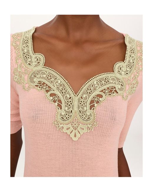 Chloé Pink Chloé Ribbed Guipure-Trim Knitted Sweater