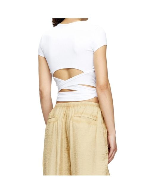 DIESEL White D Logo Embroidered Wrap Tied T-Shirt