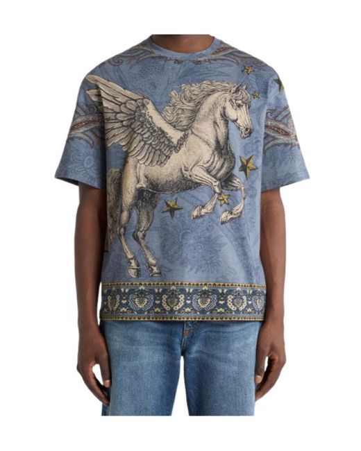 Etro Blue Cotton Jersey T-Shirt With Placed Pegaso Print for men