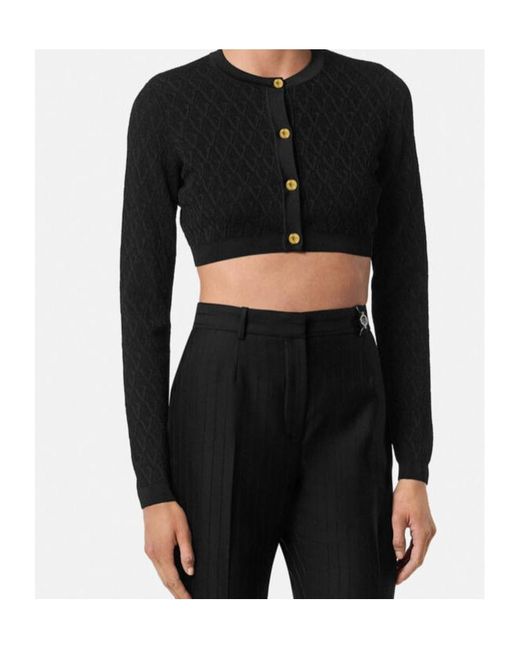 Versace Black Geometric-Pattern Cropped Cardigan