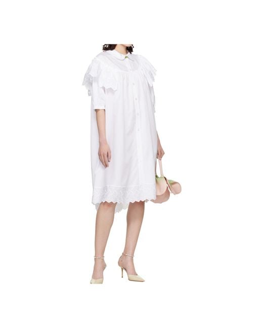 Simone Rocha White Ruffle-Trimmed Puff-Sleeve Shirt Midi Dress