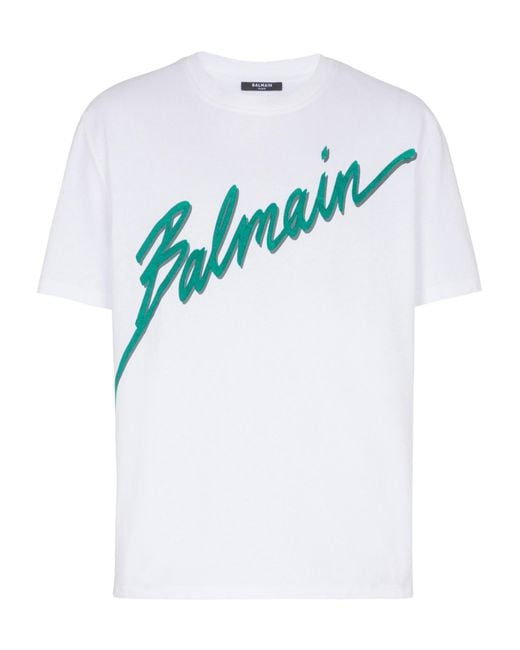 Balmain White Logo Printed Straight Hem T-Shirt for men