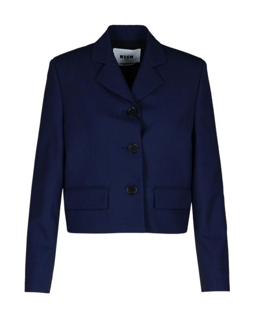 MSGM Blue Buttoned Long-Sleeved Cropped Blazer