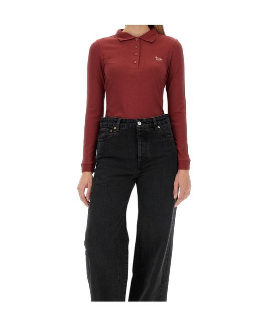 Maison Kitsuné Red Maison Kitsuné Ribbed Long Sleeved Polo Shirt