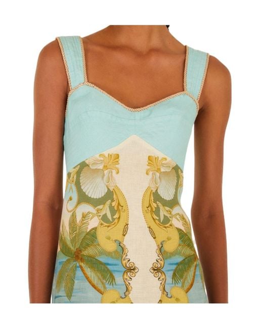 Farm Rio Metallic Royal Sea Tropical-Print Sleeveless Midi Dress