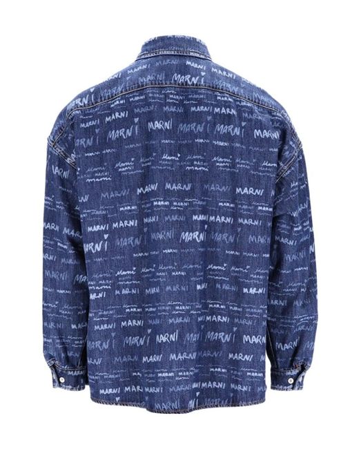 Marni Blue Allover Logo Printed Denim Shirt for men