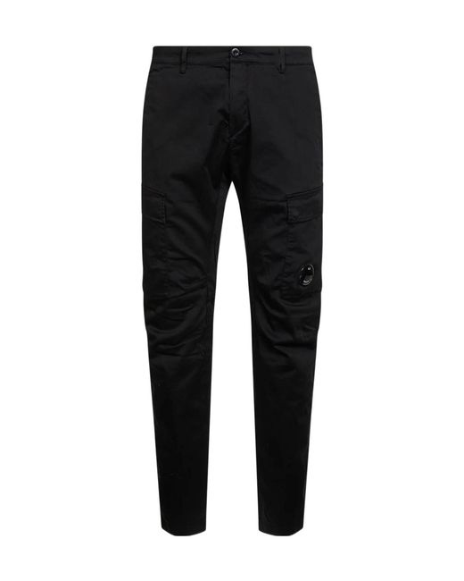 C P Company Black Stretch Cotton Satin Cargo Trousers for men