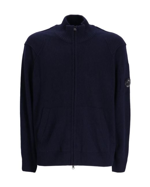 C P Company Blue Lens Detailed Zip-Up Knitted Cardigan for men