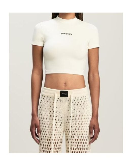 Palm Angels White Logo Embroidered Short-Sleeved T-Shirt