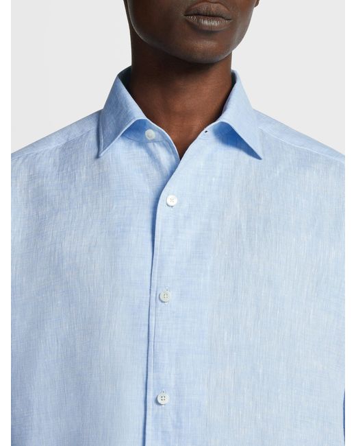 Zegna Blue Long-Sleeve Linen Shirt for men