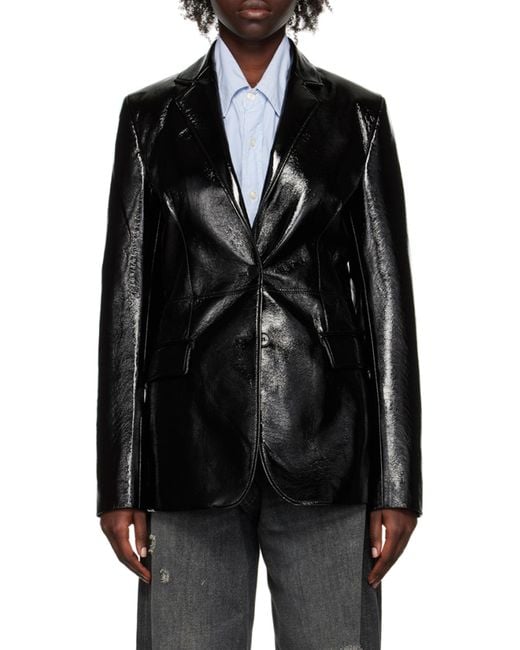 MSGM Black Faux-Leather Single-Breasted Blazer