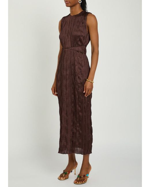 Staud Brown Belted Plissé Midi Dress