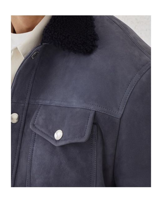 Brunello Cucinelli Blue Shearling-Collar Flap-Pocket Jacket for men