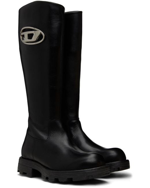 DIESEL Black Oval D Logo Plaque Knee-Length Boots