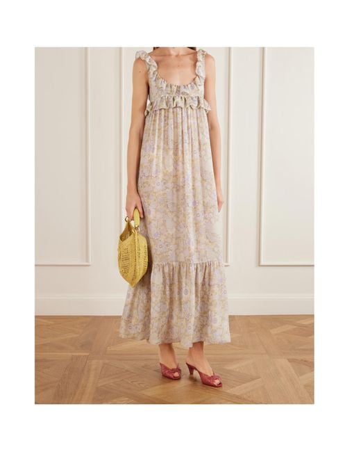 Chloé Natural Ruffled Floral-Print Silk-Charmeuse Wide-Leg Pants