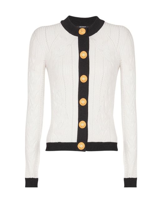 Balmain White Contrast-Trim Cable-Knit Cardigan
